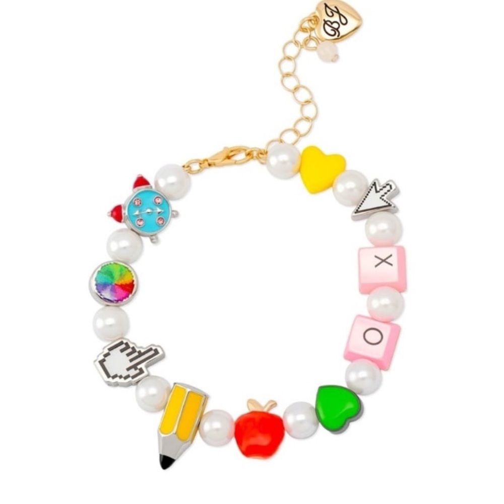 BETSEY JOHNSON Back to School Whimsical Faux Pearl and Charm Bracelet NEW NWT - Picture 2 of 7